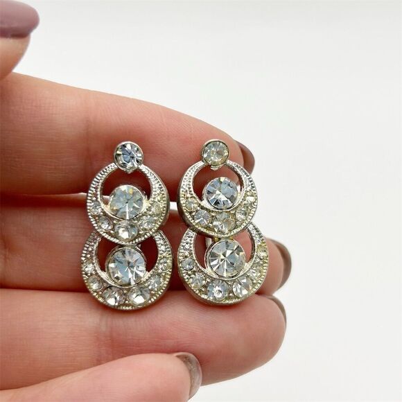 Vintage Silver Tone Screw Back Earrings with Clear Rhinestones Statement Sparkle - Picture 1 of 8